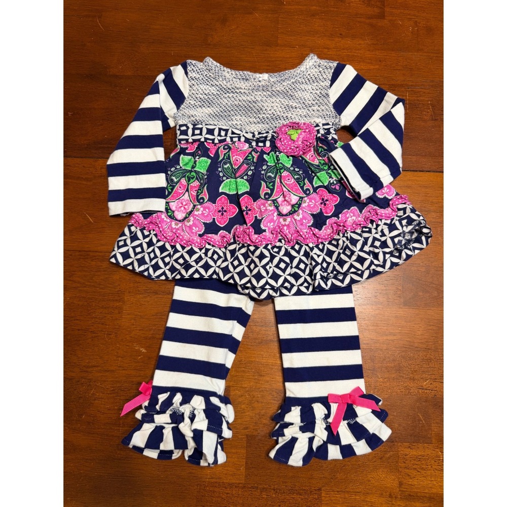 Counting Daisies Girls Dress Pants Set 12M Navy Pink Floral Stripe Ruffle